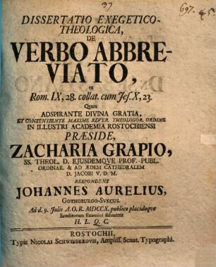 Diss. exeg. theol. de verbo abbreviato : ex Rom. IX, 28 . collat. cum Jes. X, 23