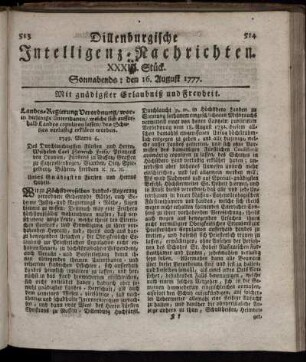 XXXIV. [i.e. XXXIII] Stück. Sonnabends: den 16. August 1777.
