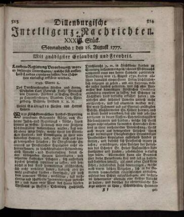 XXXIV. [i.e. XXXIII] Stück. Sonnabends: den 16. August 1777.