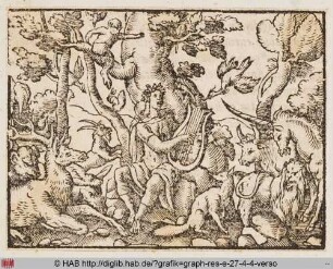 Orpheus bezaubert die wilden Tiere mit seiner Musik.