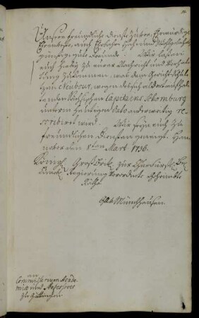 Abschriftliche Benachrichtigung über Anweisungen bezüglich Capitain Schomburg (Gerichtsschulze Neubur)[Anlage fehlt].