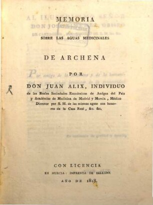 Memoria sobre las aguas medicinales de Archena