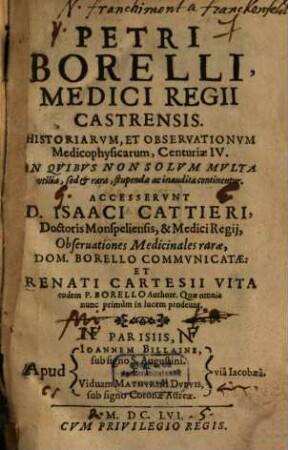 Historiae et observationes medico-physicae : Centuriae IV.