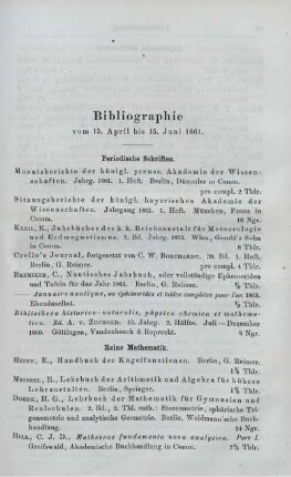 Bibliographie vom 15. April bis 15. Juni 1861.