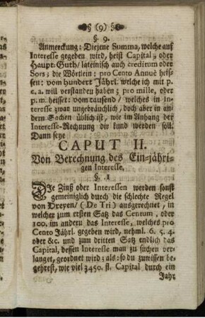 Caput II. Von Berechnung des Ein-jährigen Interesse.