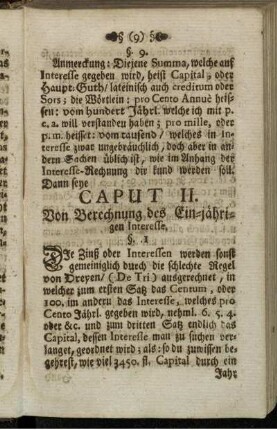 Caput II. Von Berechnung des Ein-jährigen Interesse.