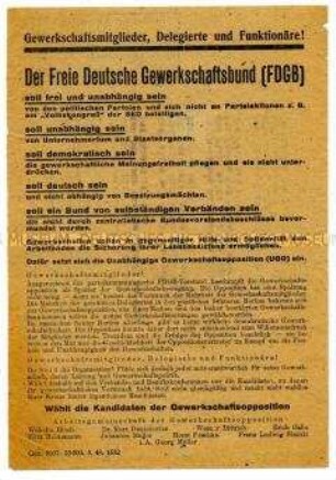 Propagandaflugblatt der UGO (Unabhängige Gewerkschaftsopposition) gegen den FDGB