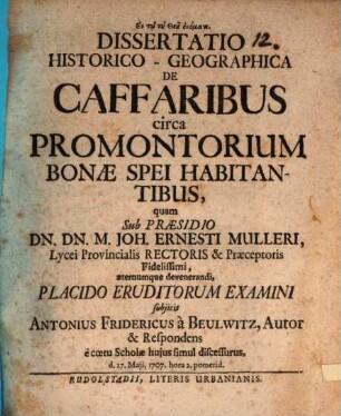 Diss. ... de Caffaribus circa Promontorium Bonae Spei habitantibus