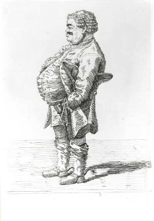 Stehender Mann mit dickem Bauch im Profil nach links, Hände in den Hosentaschen : Ghezzi, Pier Leone: Stehender Mann mit dickem Bauch im Profil nach links, Hände in den Hosentaschen. Feder; 28,7 x 20 cm. Dresden: Kupferstich-Kabinett Ca 51, S. 25