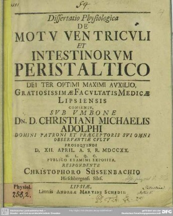 Dissertatione Physiologica De Motu Ventriculi Et Intestinorum Peristaltico