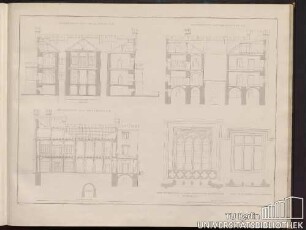Durchschnitt nach der Richtung E F. Durchschnitt nach der Richtung C D. Durchschnitt nach der Richtung A B. Detail des oberen Theiles eines Fensters der Mittelparthie in der Facadde A. Detail eines gewöhnlichen Fensters.