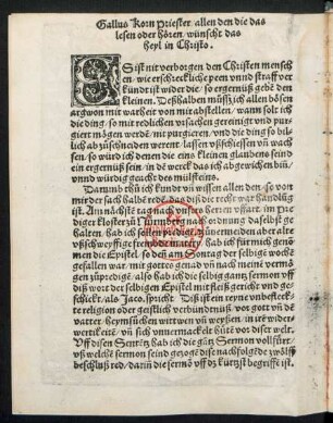 Gallus Korn Priester/ allen den die das lesen oder hören/ wünscht das heyl in Christo.