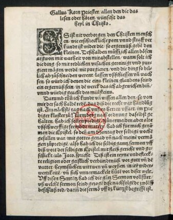 Gallus Korn Priester/ allen den die das lesen oder hören/ wünscht das heyl in Christo.
