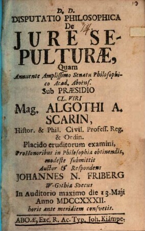 Disputatio Philosophica De Iure Sepulturae