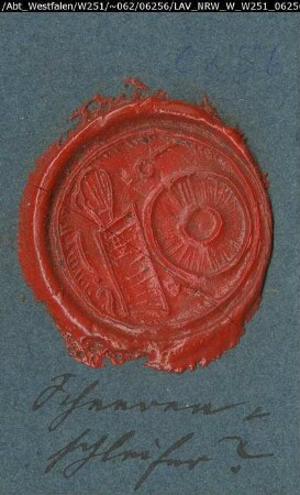 Siegler: Warendorf, Scherenschleifer-Zunft Überlieferungsart: Abdruck. Stoff: Lack Farbe: rot Form: rund. Durchmesser: 30 mm