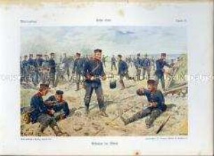 Uniformdarstellung, Infanteristen im Feldlager, Preußen, 1910/1912. Tafel 21 aus: Knötel: Preußen, Unser Heer.