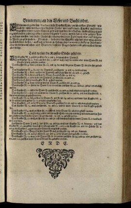 Erinnerung an den Leser und Buchbinder. / Tafel, wohin die Kupffer-Stiche gehören.