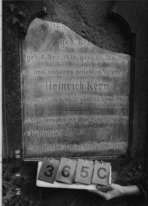 Grabstein 365 (Index: 100093531) Maße HxBxT: 169x102x35 cm Symbolik: Fächer, Säulen, Verzierungen Besonderheit: Doppelgrab für Eheleute: Grabstein 365C