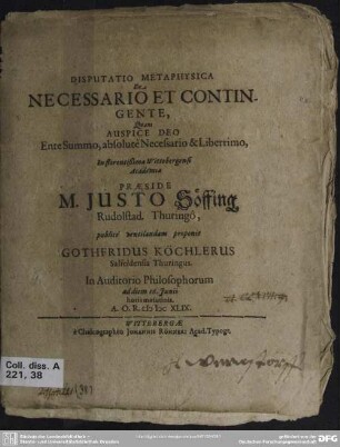 Disputatio metaphysica de necessario et contingente