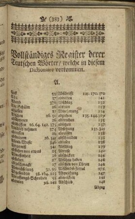 Vollständiges Register derer Teutschen Wörter/ welche in diesem Dictionaire vorkommen.