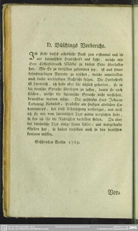 D. Büschings Vorbericht