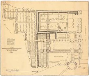 Gut Zirchow Gartenanlagen: Gartenanlage im Grundriss mit Erdgeschossgrundriss des Gutshauses 1:500, Maßstabsleiste, Legende