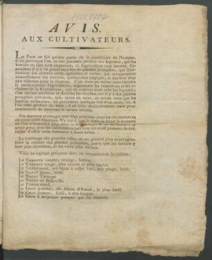 Avis. Aux Cultivateurs : [... du 27.e ventôse de l'an second de la République franc̜aise une et indivisible]