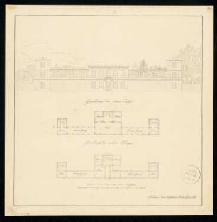 Molkenhaus - ländlicher Gasthof Monatskonkurrenz Juli 1832: Grundriss Erdgeschoss, Obergeschoss, Aufriss Vorderansicht; 2 Maßstabsleisten