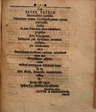 Dissertatio Iuris Publici Inauguralis, Quam Rectore Magnificentissimo, Serenissimo Principe Ac Domino, Domino Friderico Wilhelmo ... Occasione Ordin. Eccles. in Ducatu Magdeb. Tit. II. §. 1 De Iure Principis Circa Adiaphora, Dirigente D. Christiano Thomasio ... Pro Licentia Summos in iure Divino & humano honores & Privilegio Doctoralia rite capessendi Publico Eruditorum Examini Submittit Enno Rudolph Brenneisen, EsenaFrisiae Orientalis, d. 13. Sept. 1695. In Auditorio Maiori. Horis Ante & Pomeridianis