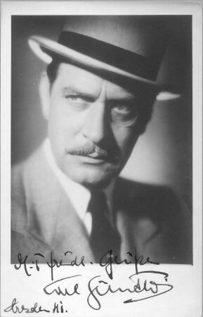 Porträt Carl Günther (österreichischer Schauspieler; 1885-1951). Fotografie (Weltpostkarte mit Autograph recto und verso, bezeichnet Dresden, 1941)