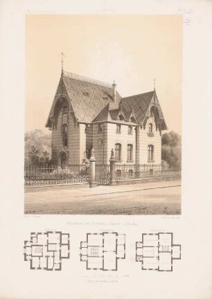 Wohnhaus des Architekten Schmidt, Breslau: Grundrisse, Perspektivische Ansicht (aus: Architektonisches Skizzenbuch, H. 112/1, 1872)