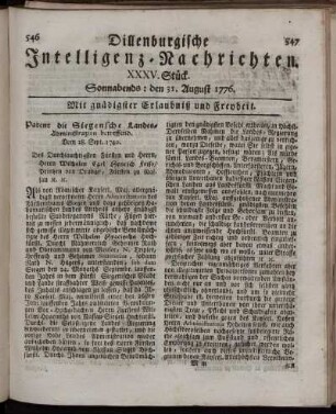 XXXV. Stück: Sonnabends: den 31. August 1776