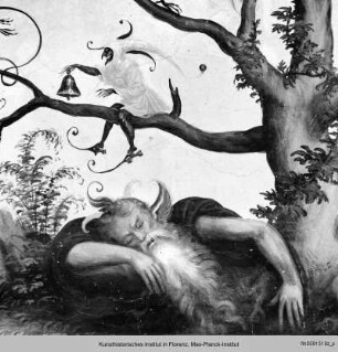 Die Innendekoration mit Jahreszeitenallegorien, Groteskendekoration und einer Vedute des Castellos : Ein, aus dem schlafenden Bacchus entwachsender Baum mit Grotesken in den Zweigen (Herbst)