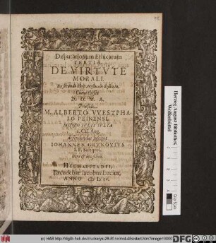 Disputationum Ethicarum Tertia. De Virtute Morali : Ex secundo libro Aristotelis desumta