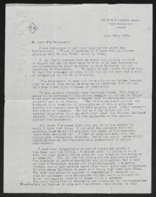 Brief von Thomas Barclay an Margarete Hauptmann