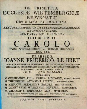 De primitiva ecclesiae Wirtembergicae repurgatae disciplina & doctrina
