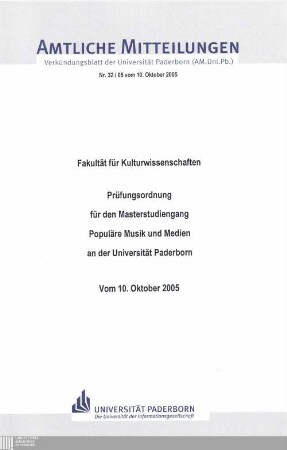 Prüfungsordnung für den Masterstudiengang Populäre Musik und Medien an der Universität Paderborn : vom 10. Oktober 2005