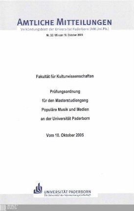 Prüfungsordnung für den Masterstudiengang Populäre Musik und Medien an der Universität Paderborn : vom 10. Oktober 2005