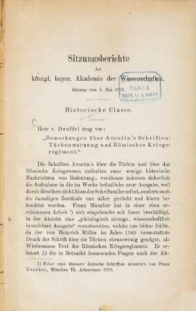 Bemerkungen über Aventin's Schriften: Türkenwarnung und Römisches Kriegsregiment