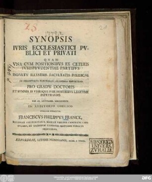 Synopsis Ivris Ecclesiastici Pvblici Et Privati