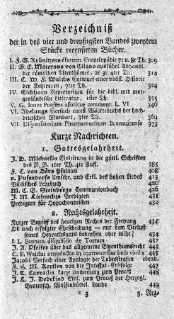 Verzeichniß der in des vier und dreyßigsten Bandes zweytem Stücke recensirten Bücher.