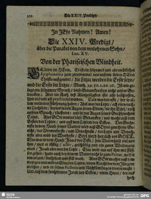 Die XXIV. Predigt, über die Parabol von dem verlohrnen Sohn, Luc. XV.
