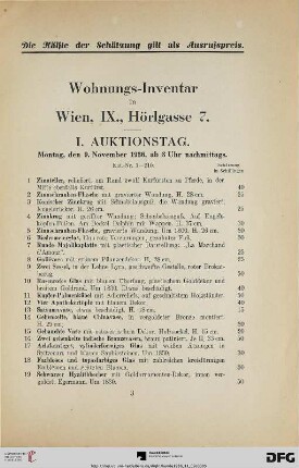 I. Auktionstag: Montag, den 9. November 1936, ab 3 Uhr nachmittags (Nr. 1-210)