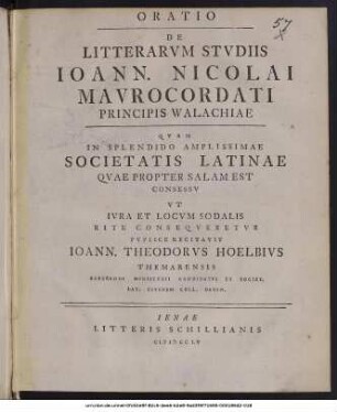 Oratio De Litterarum Studiis Ioann. Nicolai Maurocordati Principis Walachiae