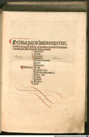 ... pars huius operis: continens textu[m] biblie cu[m] postilla domini Hugonis Cardinalis, 1. Prima pars