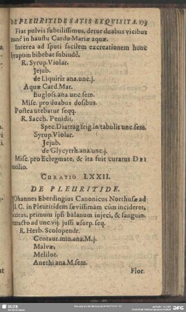 Curatio LXXII. [Curatio LXXV.] De Pleuritide