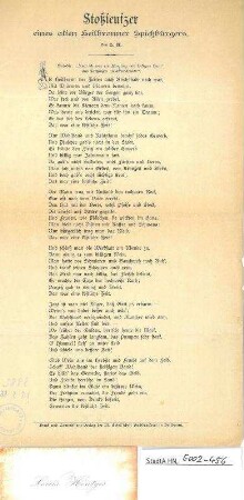 Flugblatt mit Gedicht "Stoßseufzer eines alten Heilbronner Spießbürgers" von L. H. (=Louis Hentges)