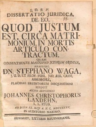 Diss. iur. de eo quod iustum est circa matrimonium in articulo mortis contractum