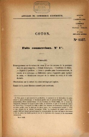 Annales du commerce extérieur. Coton. Faits commerciaux. 1/2. 1864