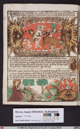 Oben: Der Höllenrachen (Offenb. 20,9). Unten: Der Thron Gottes und die zweite Auferstehung. (Offenb. 20,11).